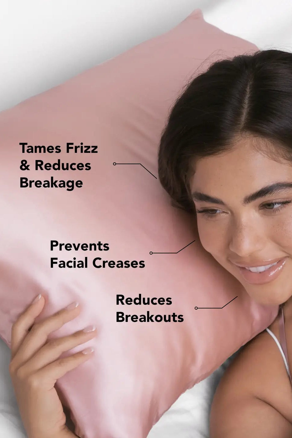 Woman with a pink pillow, text highlighting benefits on a white background