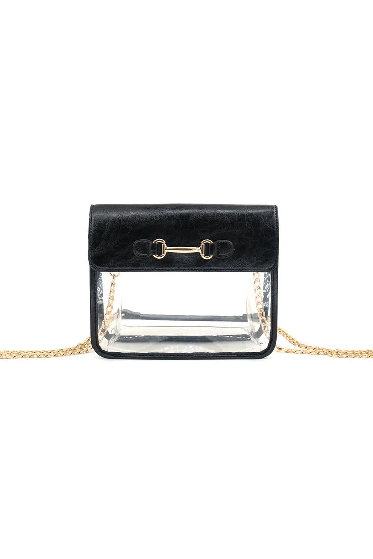 Black handbag with clear front and gold chain strap on a white background