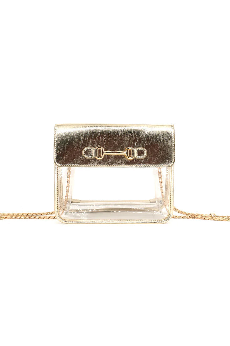 Clear handbag with gold chain and metallic top section on a white background