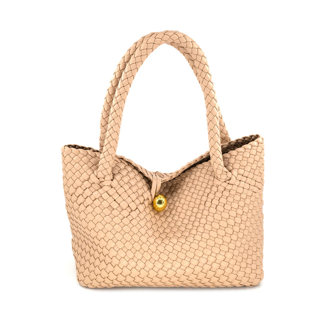 Beige woven handbag with a gold button on a white background