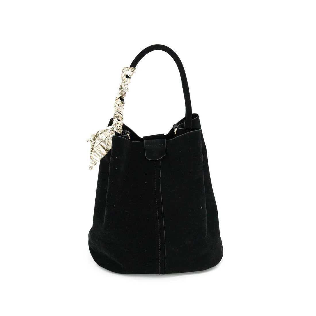 Black handbag with a decorative handle on a white background