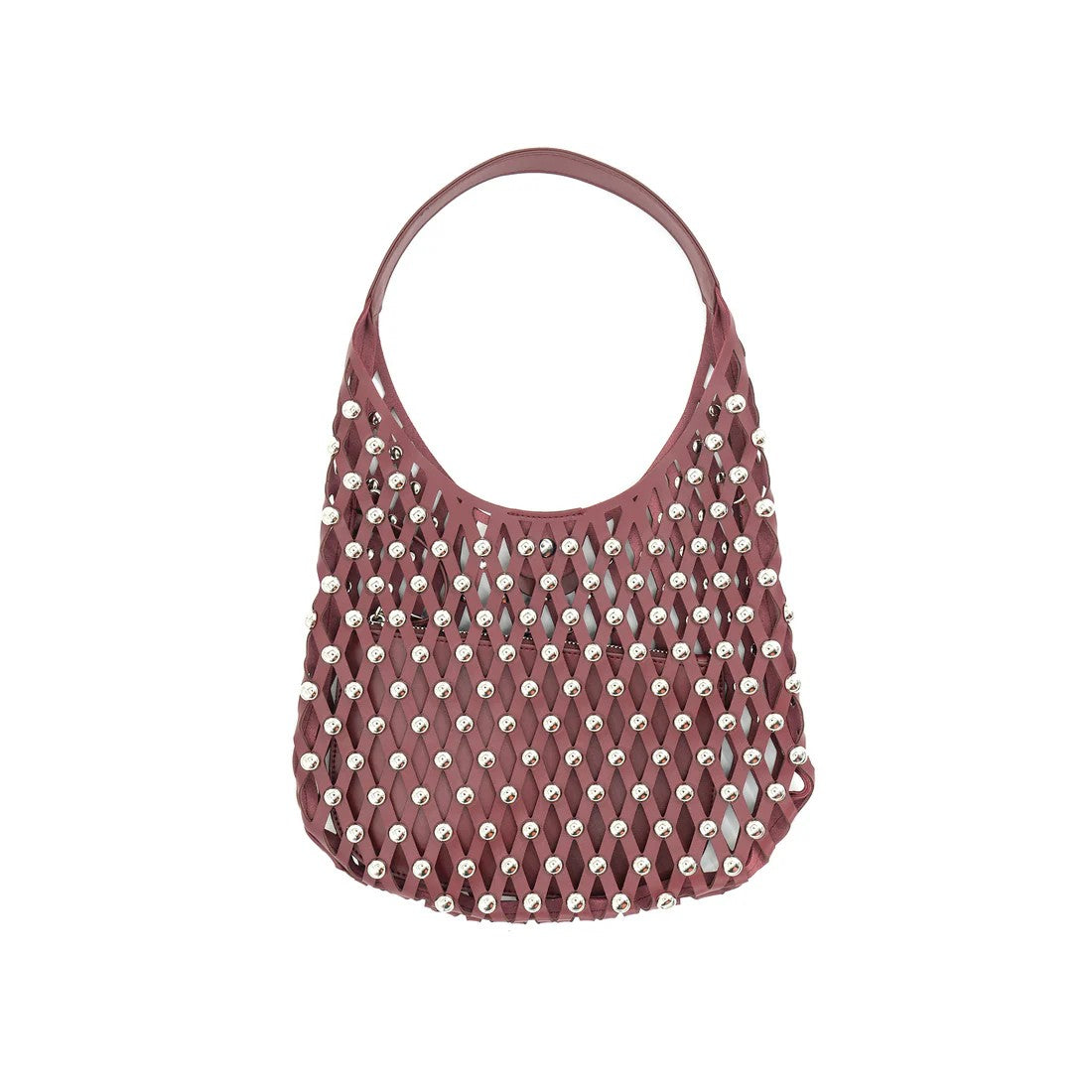 Pink mesh handbag with silver studs on a white background