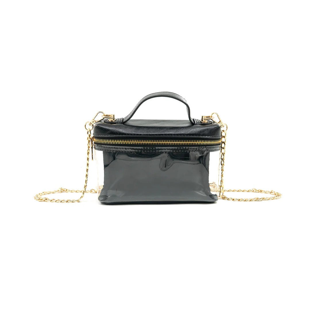 Black handbag with gold chain strap on a white background