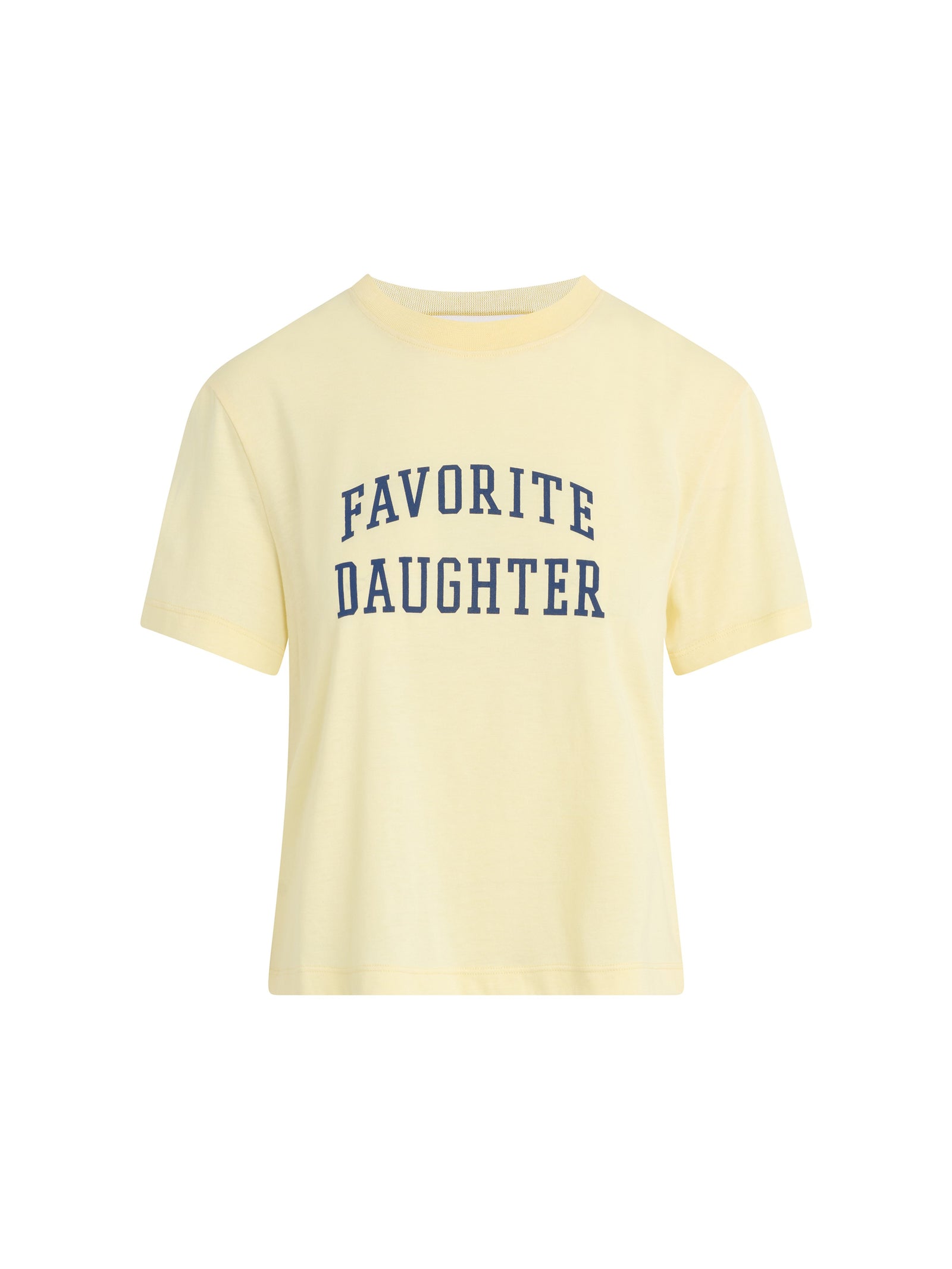 A yellow cropped t-shirt with 'FAVORITE DAUGHTER' printed in blue text on the chest area.