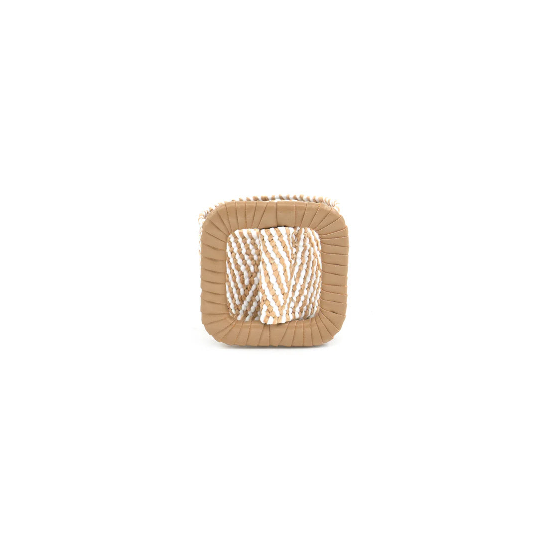 Square woven basket with a striped pattern on a white background