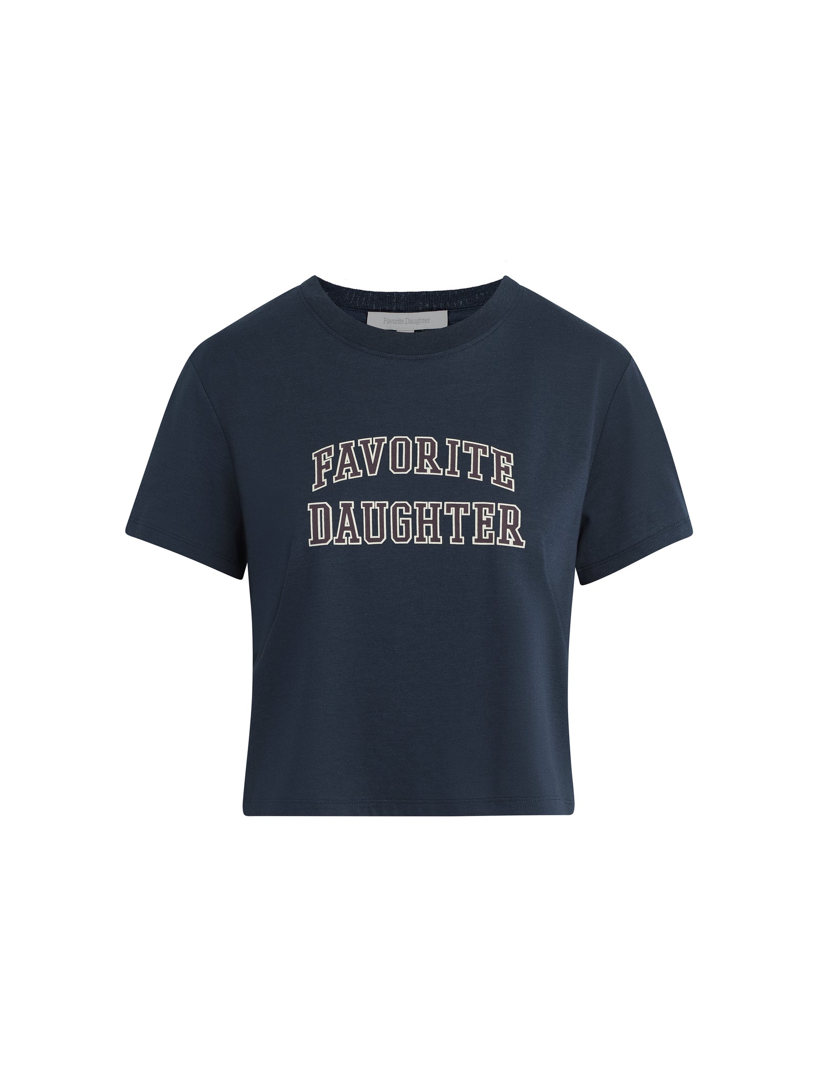Navy blue t-shirt with 'FAVORITE DAUGHTER' text on a white background