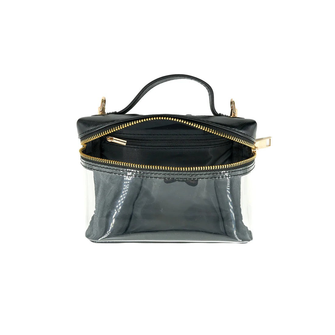 Black handbag with gold zipper on a white background