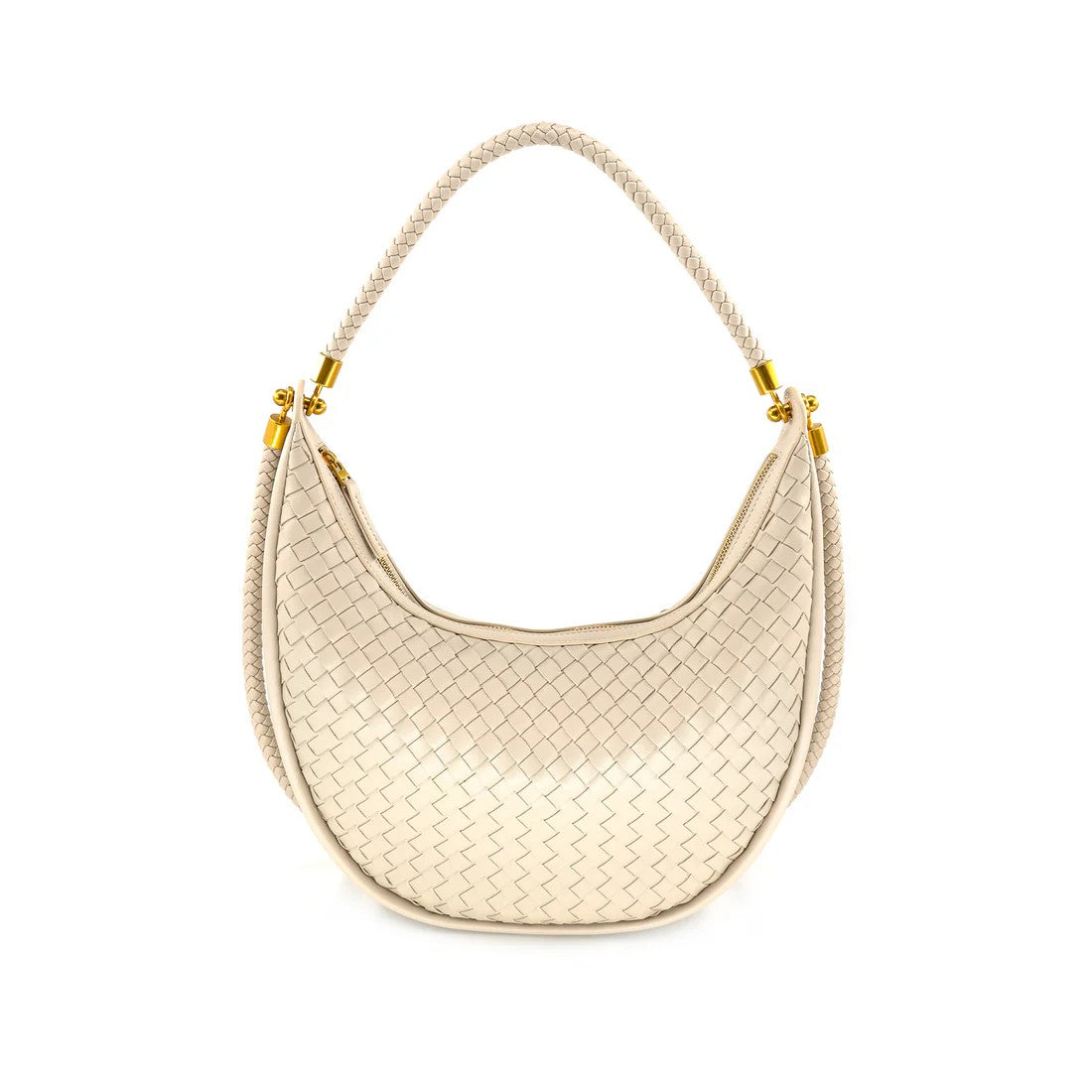 Beige woven handbag with gold hardware on a white background