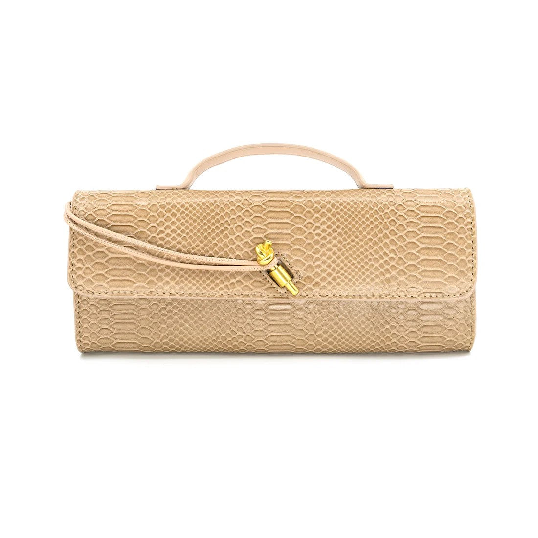 Beige textured handbag with a handle on a white background