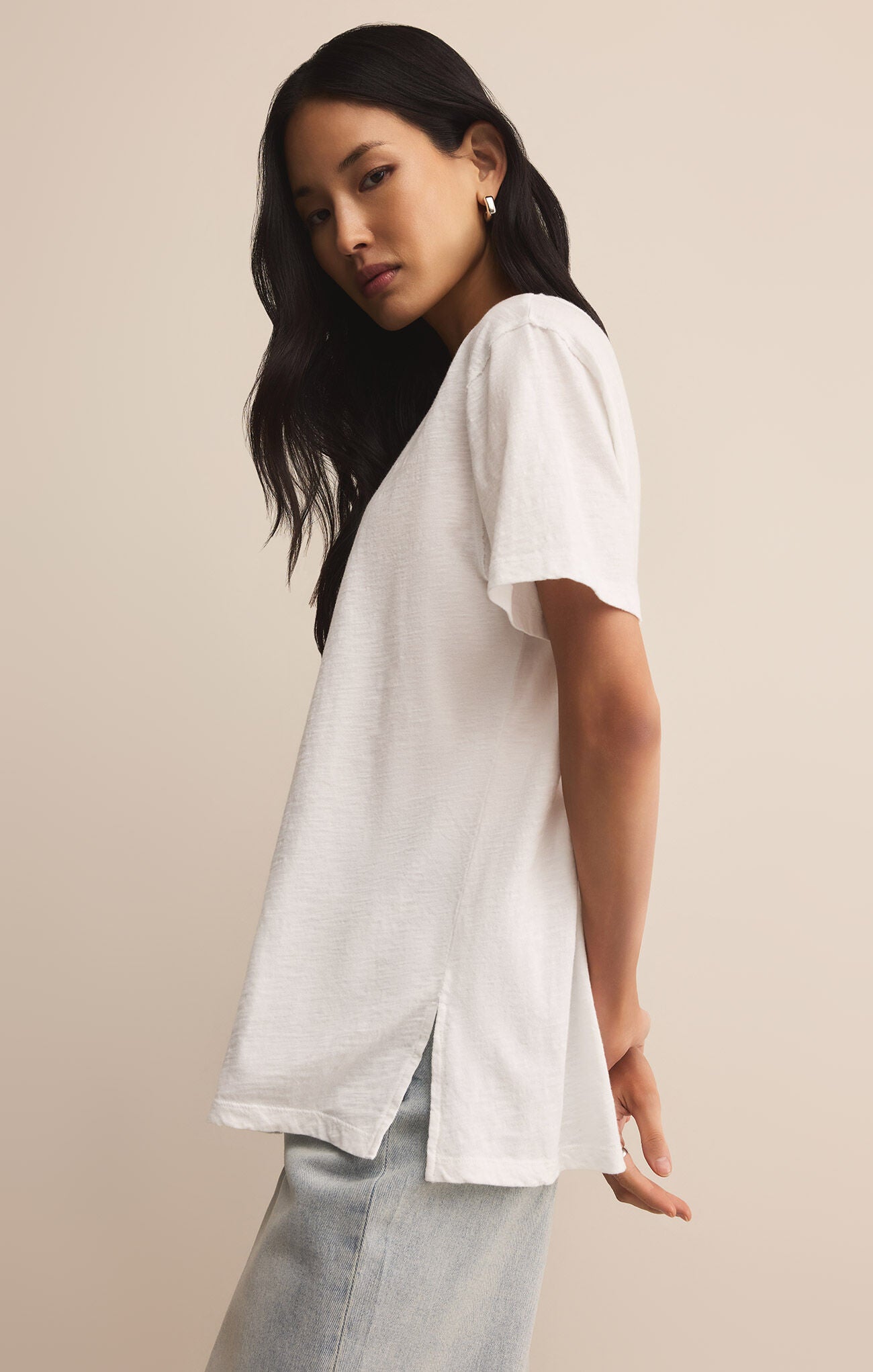 lively relaxed vneck tee styled casual daytime look