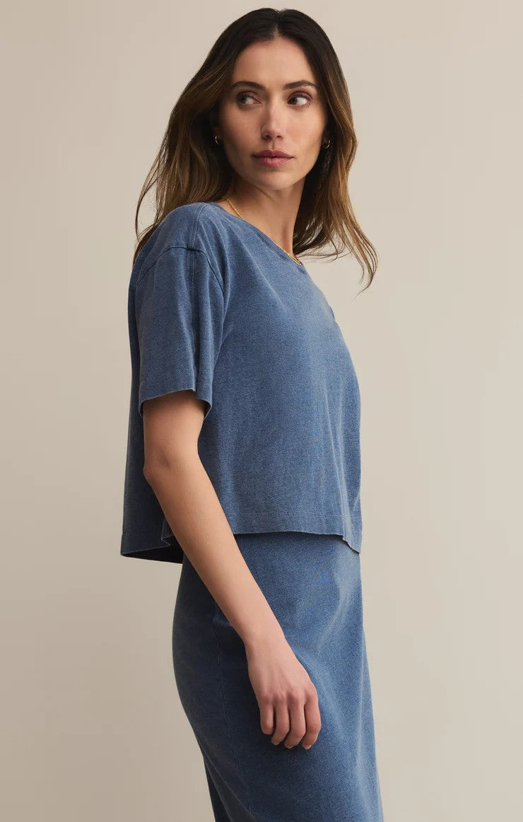 on the go jersey denim tee fabric detail breathable material