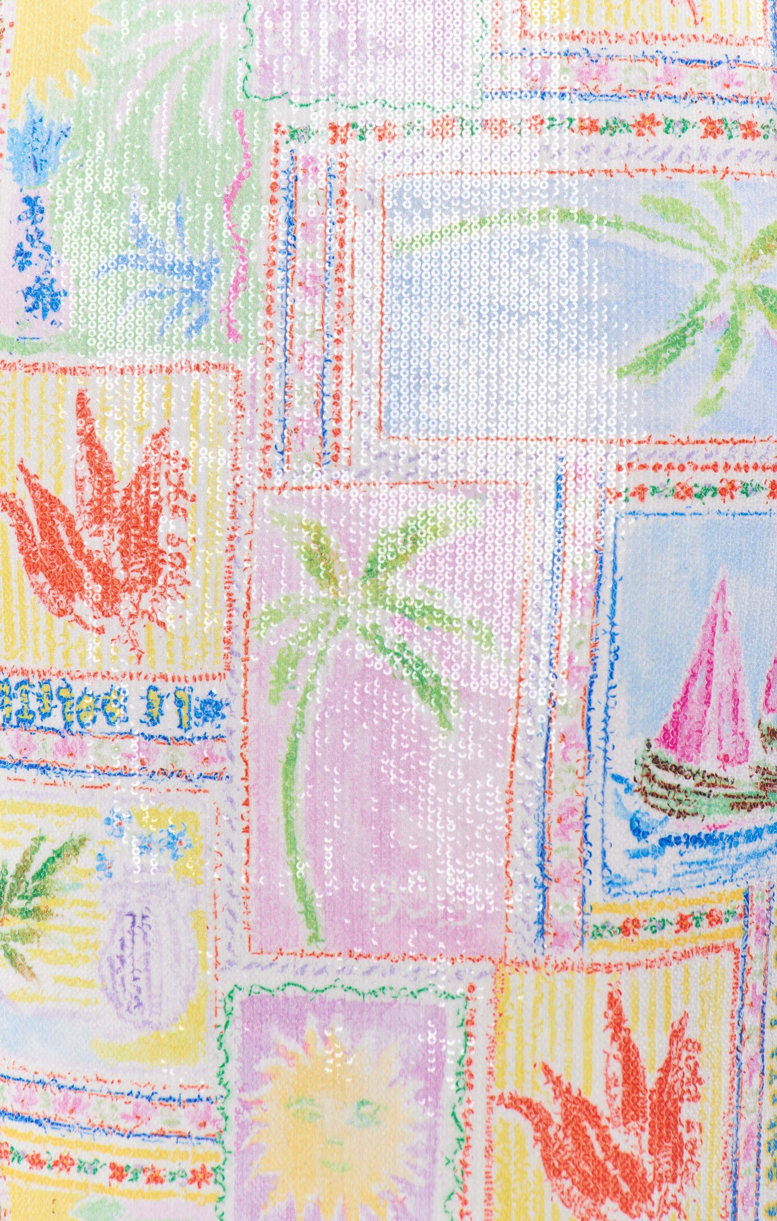 Colorful fabric with tropical patterns and vibrant colors