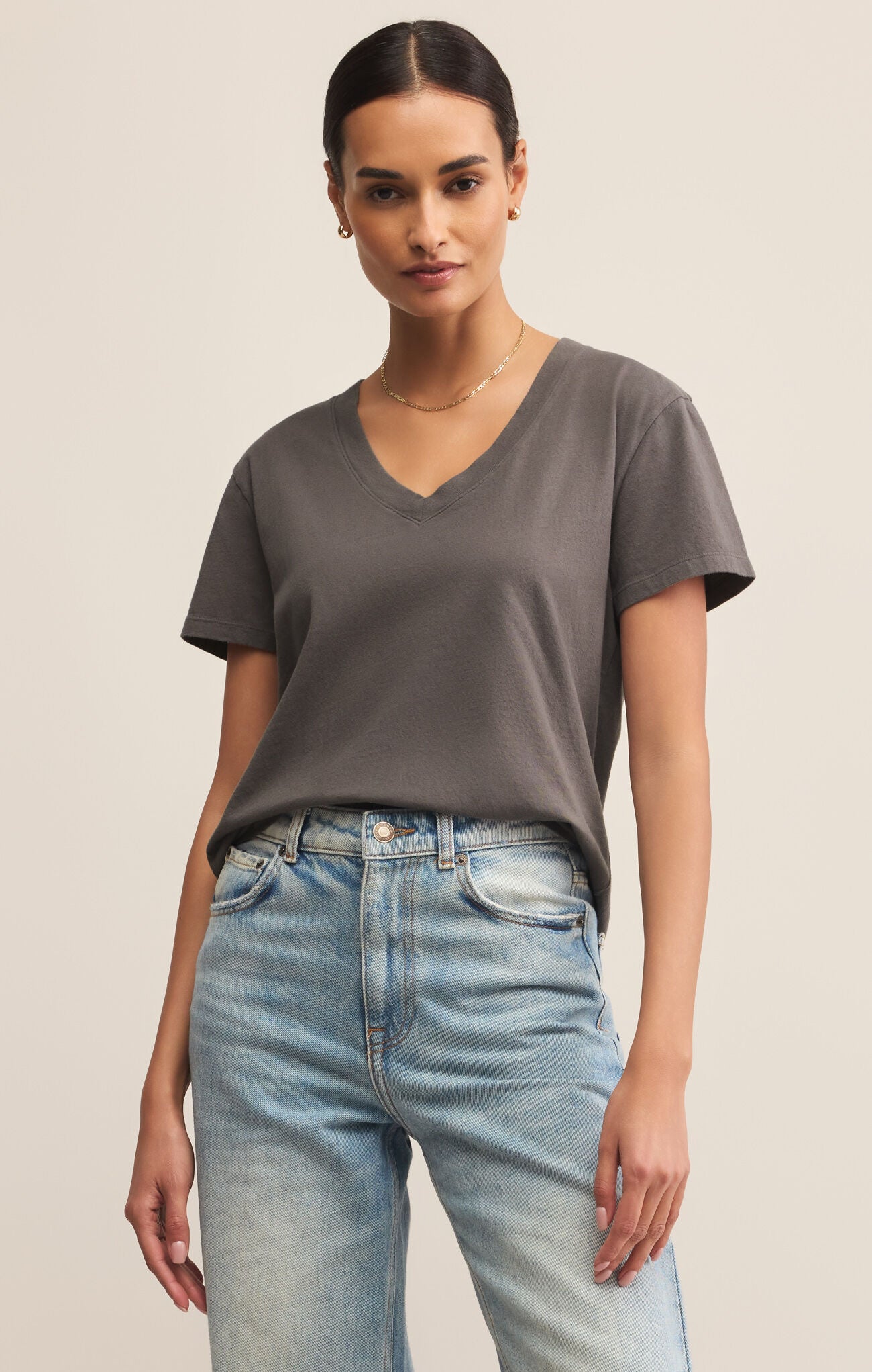 Layered outfit styling featuring WEEKDAYS V-NECK TEE for work and travel