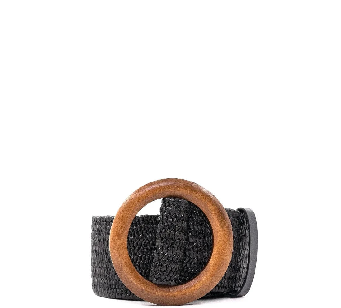 Black woven belt with a wooden buckle on a white background