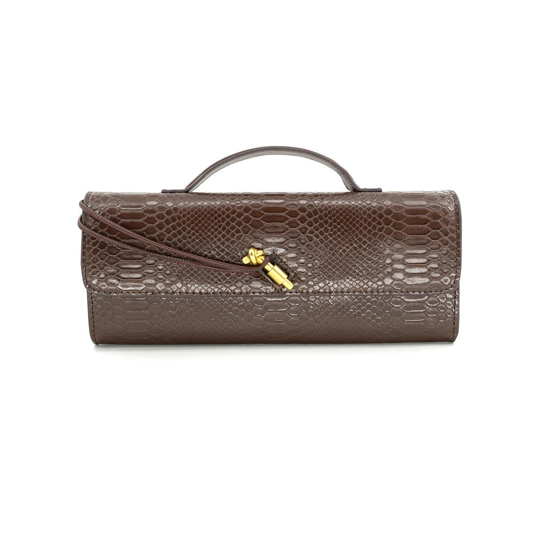 Brown textured handbag with a gold zipper on a white background