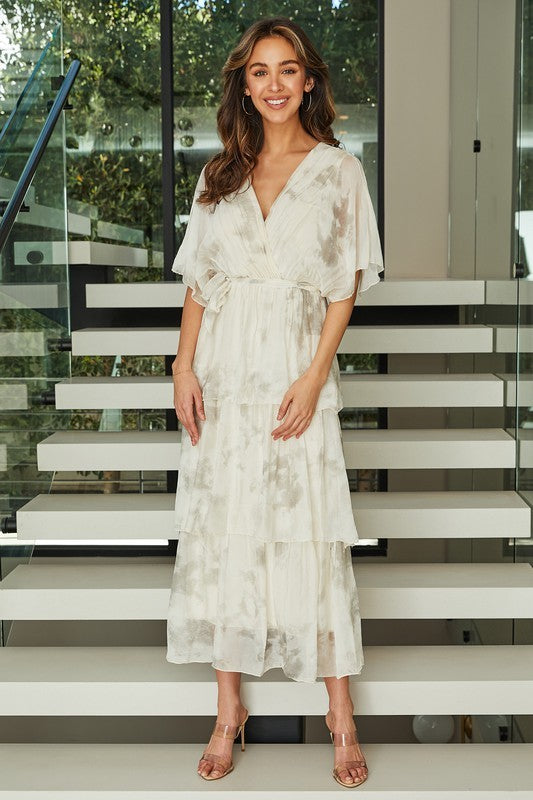 SPLATTER PRINT EMPIRE WAIST TIERED SILK DRESS