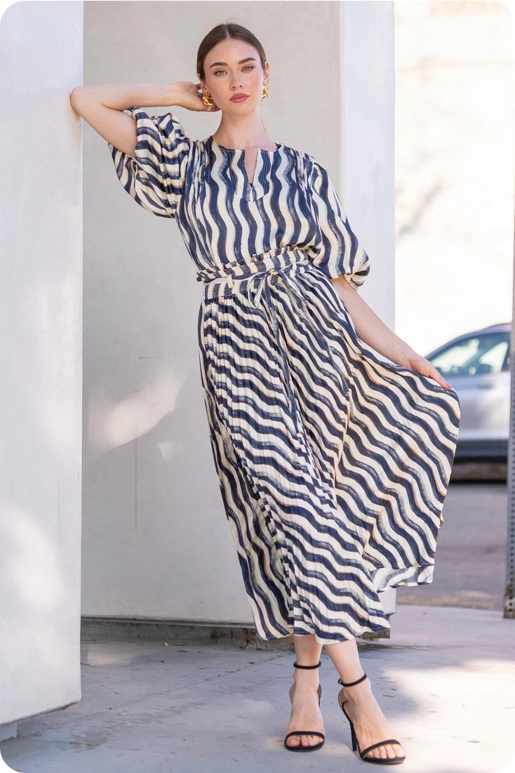 WAVY STRIPED SATIN MIDI SKIRT