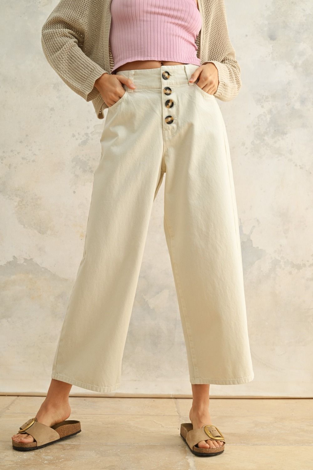 BUTTON FRONT DETAIL COTTON PANTS
