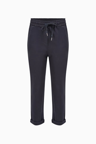 Dark gray jogger pants with a drawstring on a white background