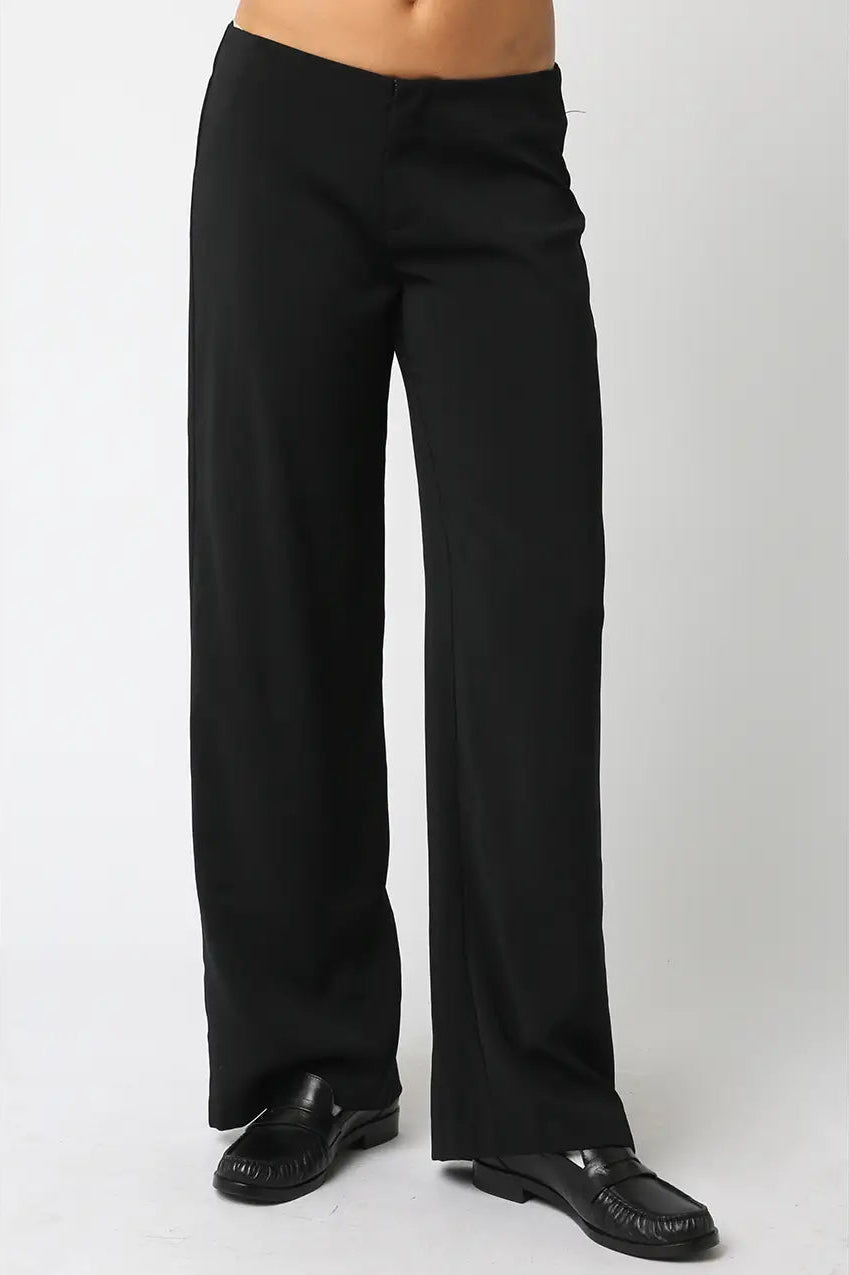 Black wide-leg pants worn by a person on a white background