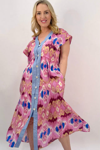 FLUTTER SLEEVE ABSTRACT MAXI DRESS