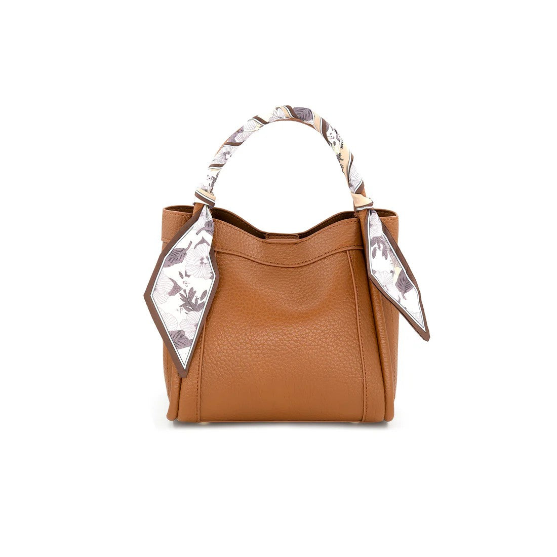 Brown leather handbag with decorative straps on a white background