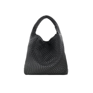 Black woven handbag on a white background