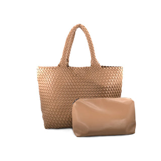 Beige woven handbag and matching pouch on a white background