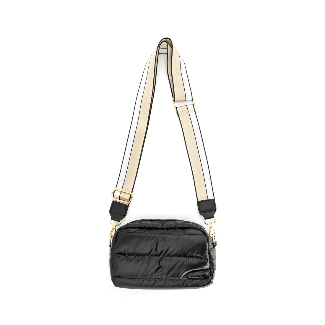 Beige crossbody bag with a strap on a white background