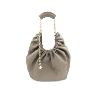 Taupe handbag with gold chain handle on a white background