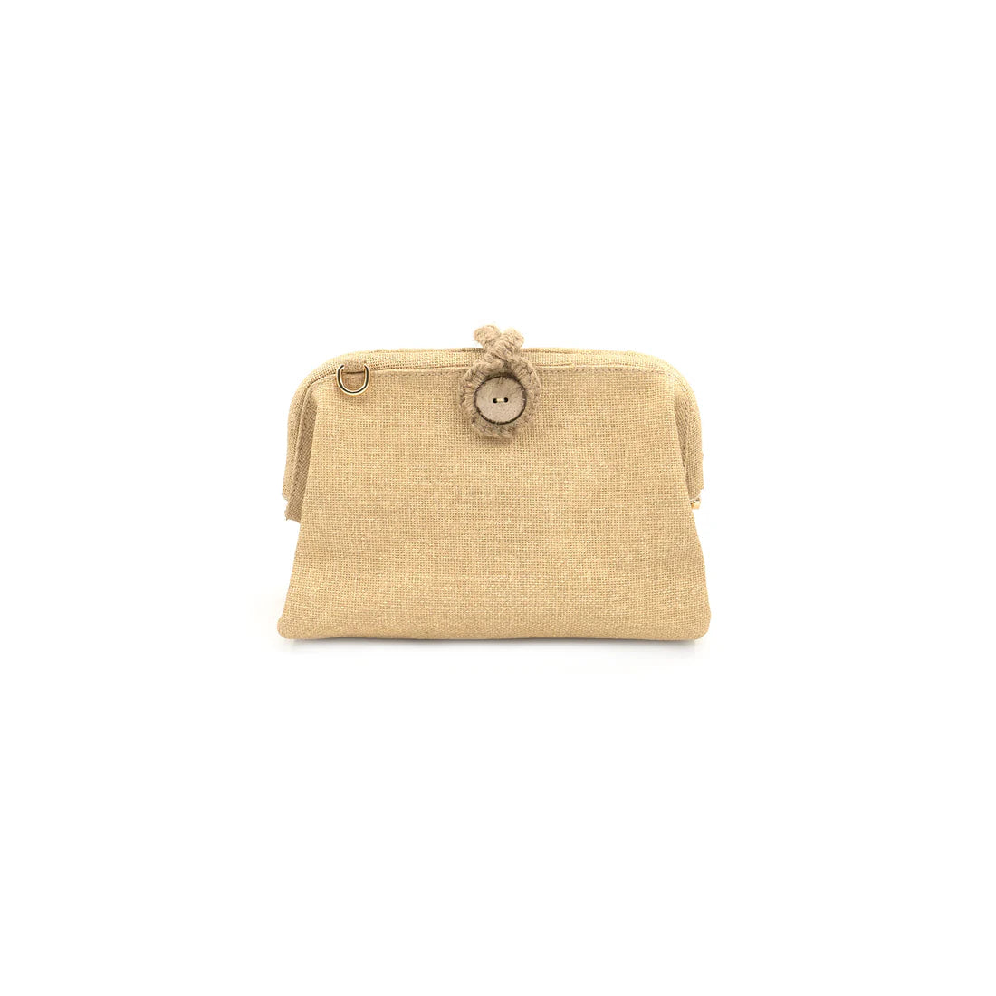 Beige clutch bag with a button closure on a white background