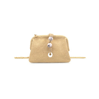 Beige handbag with a chain strap on a white background