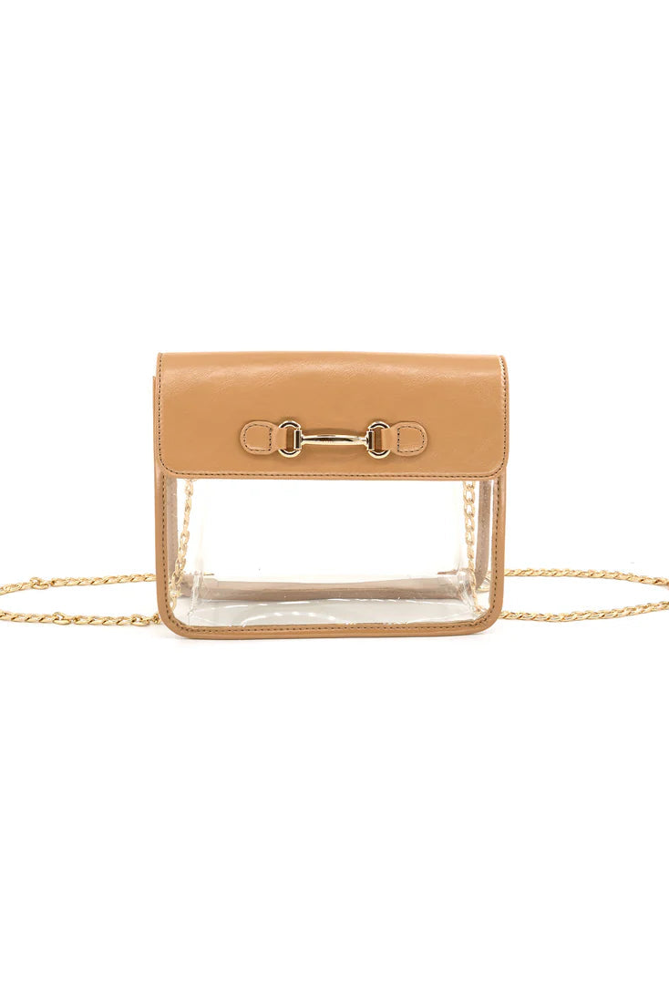 Clear handbag with a tan leather top section on a white background