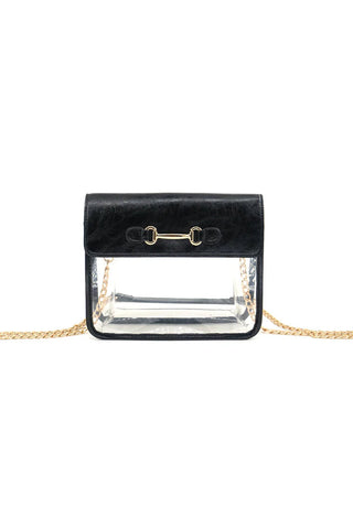 Black handbag with clear front and gold chain strap on a white background