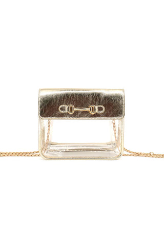 Clear handbag with gold chain and metallic top section on a white background