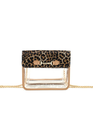 Clear handbag with leopard print top section on a white background