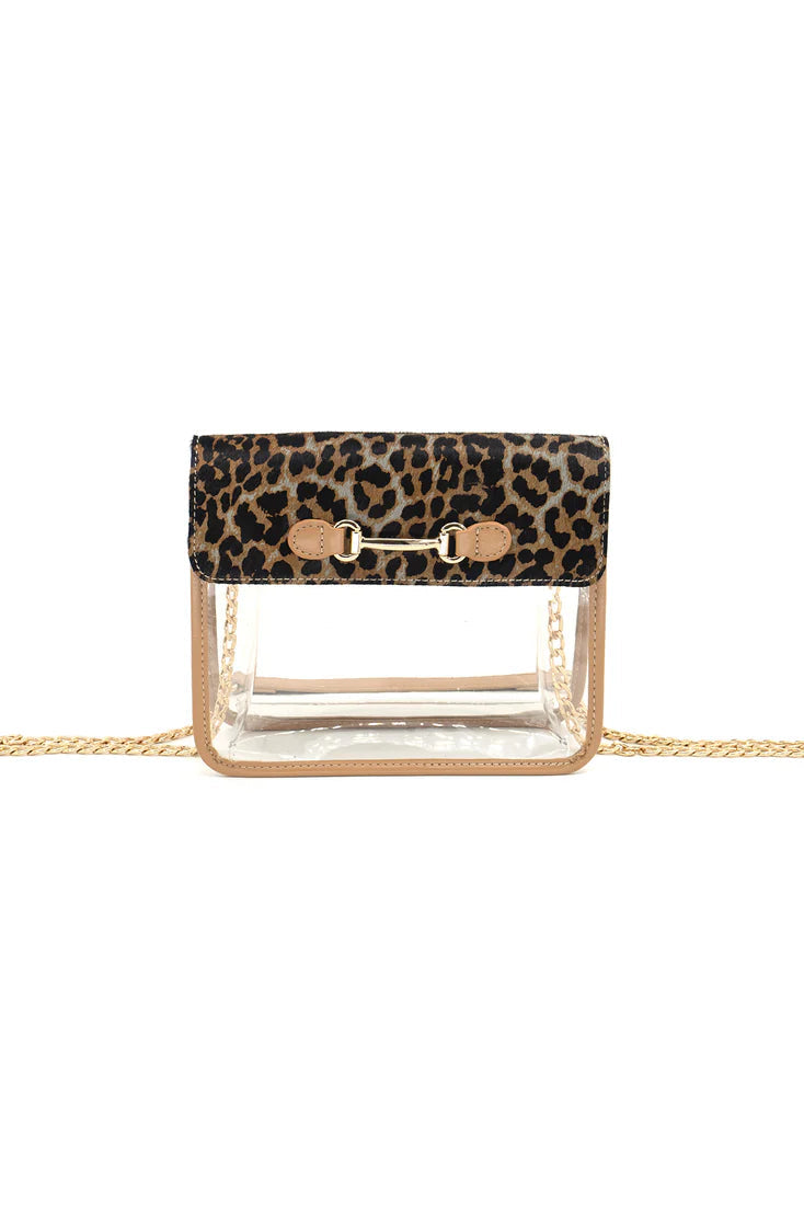 Clear handbag with leopard print top section on a white background