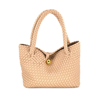 Beige woven handbag with a gold button on a white background