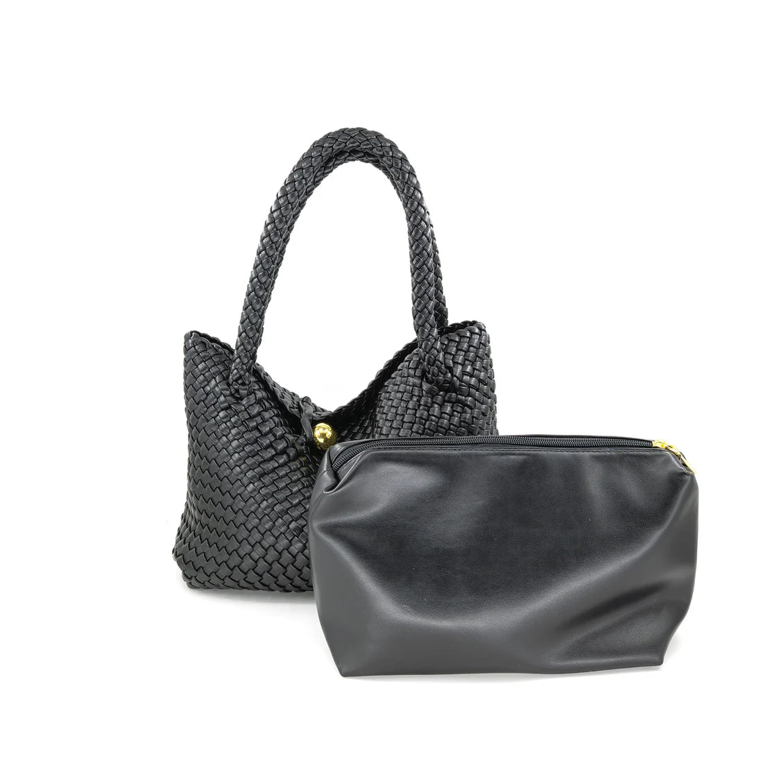 Black woven handbag and black pouch on a white background