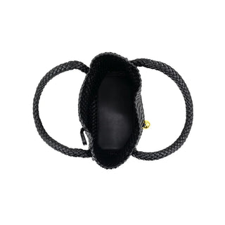 Black woven bag with a gold clasp on a white background