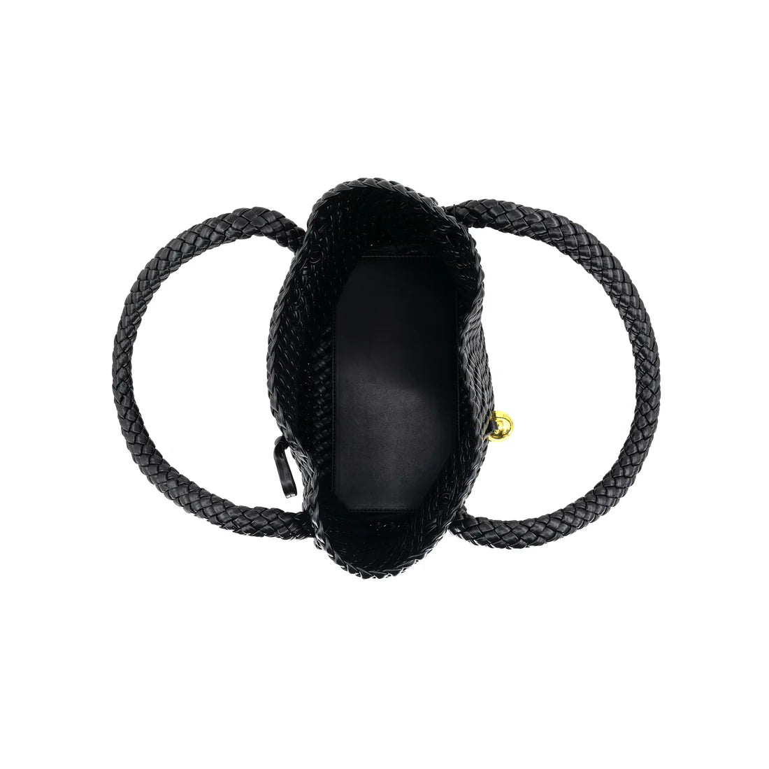 Black woven bag with a gold clasp on a white background