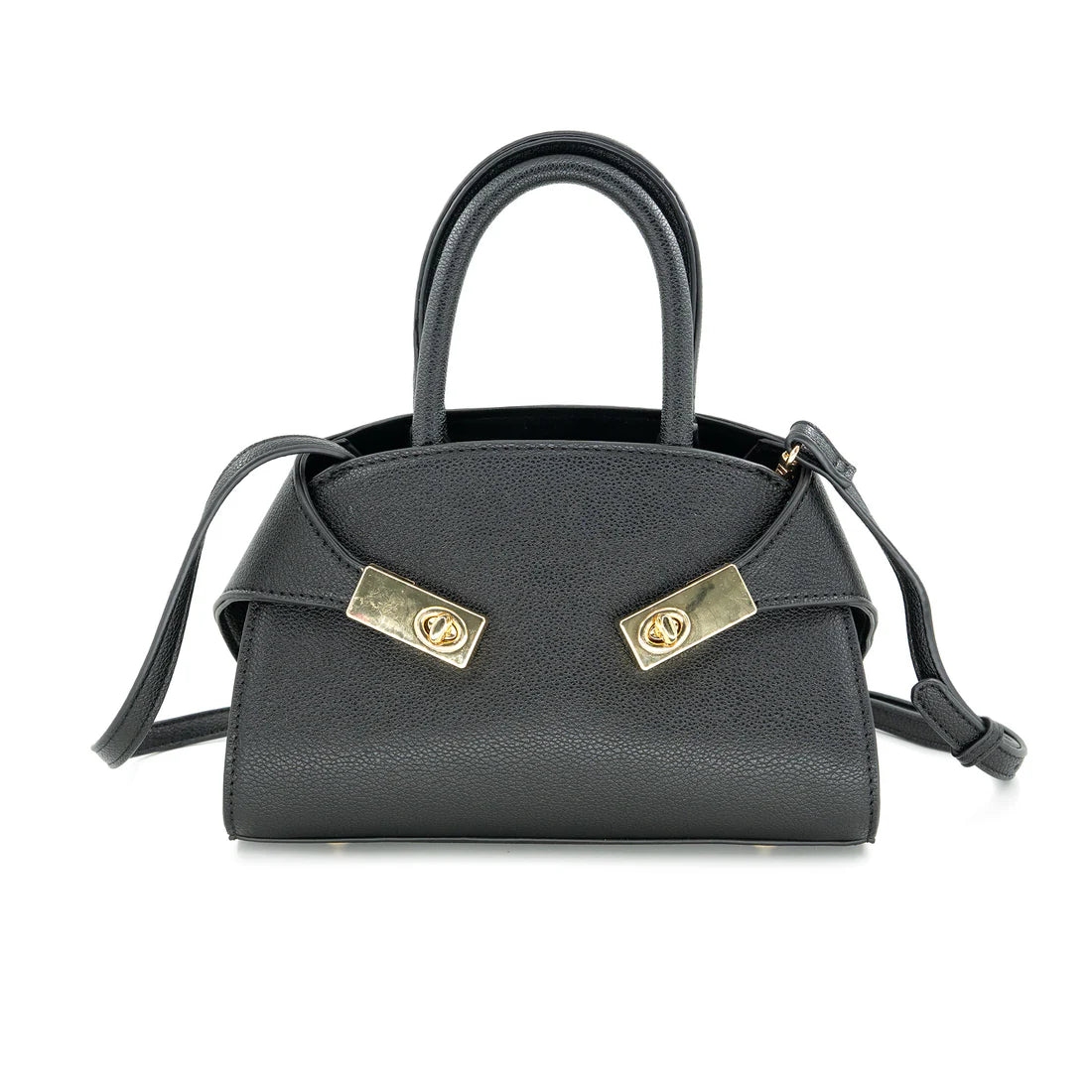 Black handbag with gold accents on a white background
