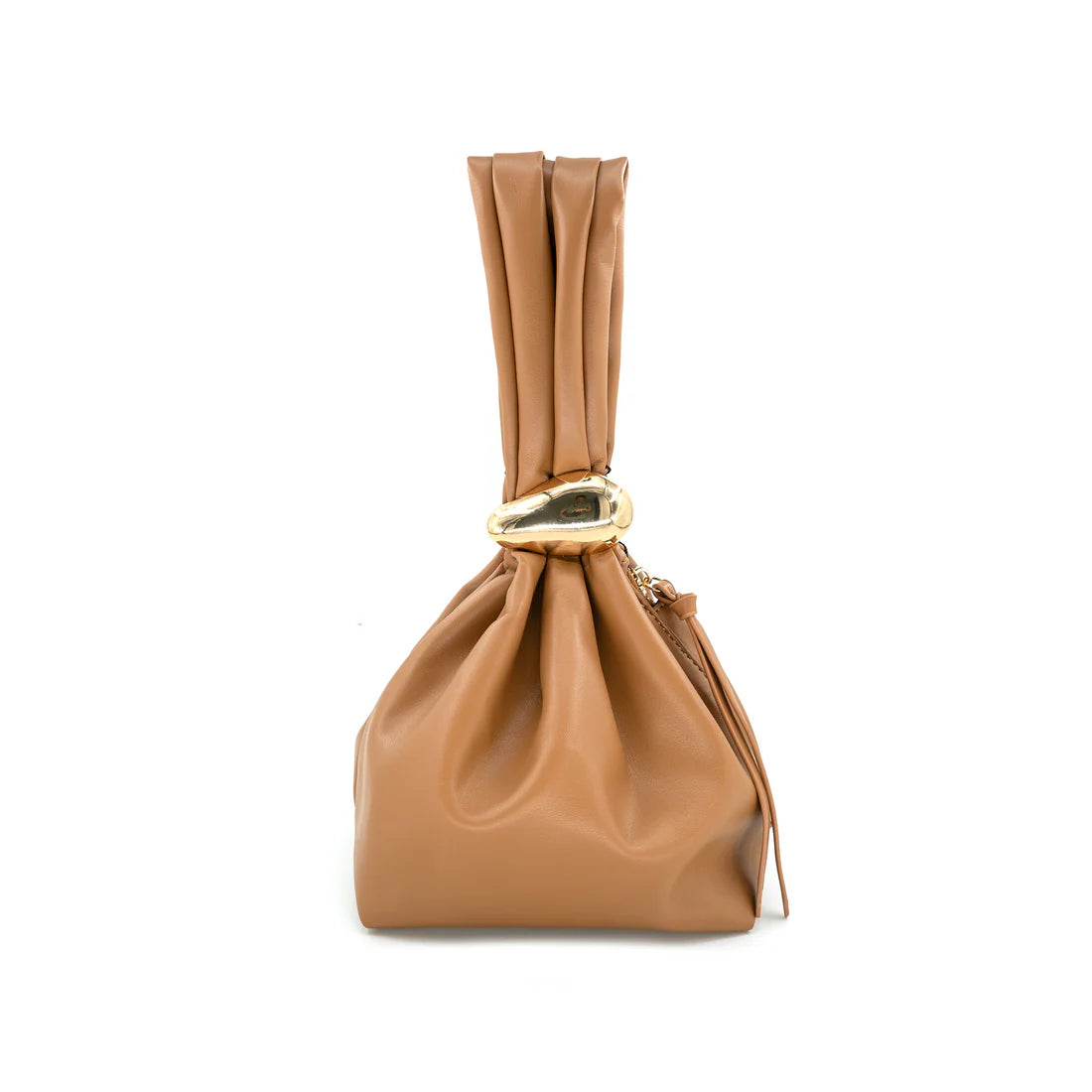 Tan leather drawstring bag with gold clasp on a white background