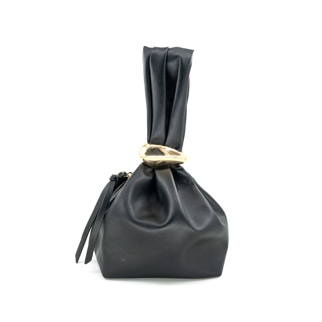 Black leather handbag with a gold clasp on a white background