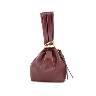 Maroon leather drawstring bag with a gold clasp on a white background