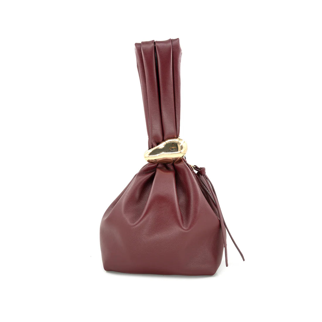 Maroon leather drawstring bag with a gold clasp on a white background