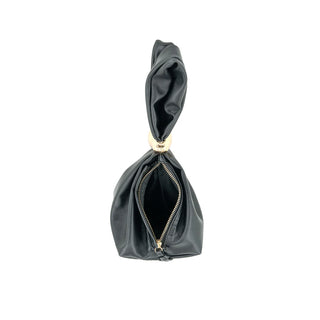 Black pouch with a gold zipper on a white background