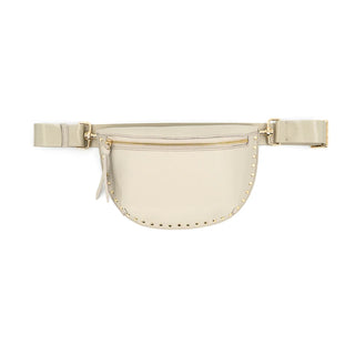 Beige fanny pack with gold zipper on a white background