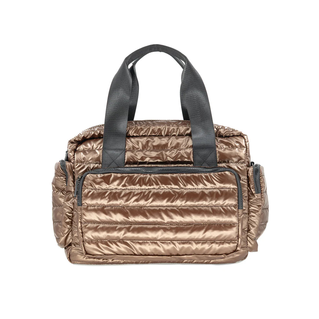 Brown quilted handbag with black handles on a white background