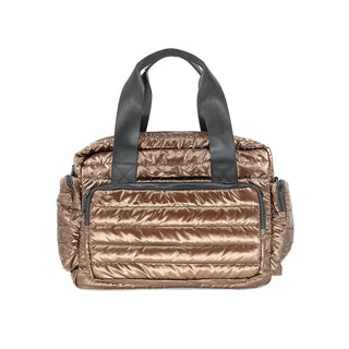 Brown quilted handbag with black handles on a white background